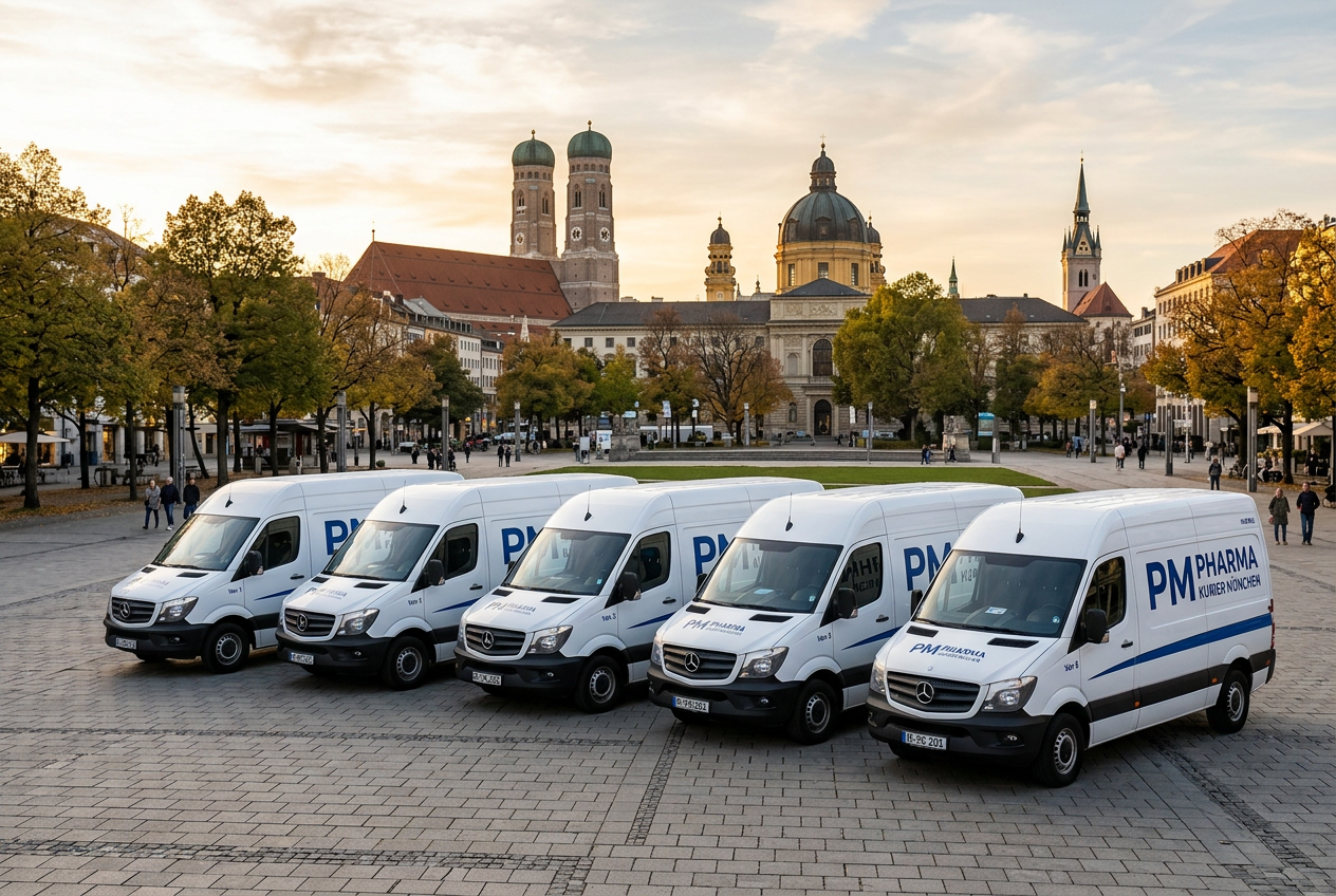 Fahrzeugflotte von Pharmakurier München mit Firmenlogo vor der Münchner Skyline