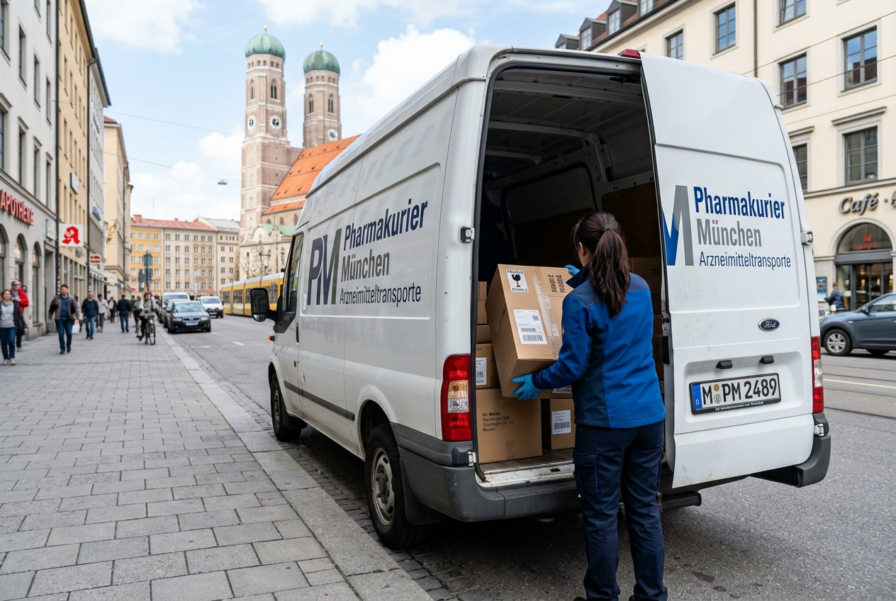 Kurier von Pharmakurier München belädt eine Business-Sendung in einen Lieferwagen mit Firmenlogo, Münchner Straße im Hintergrund