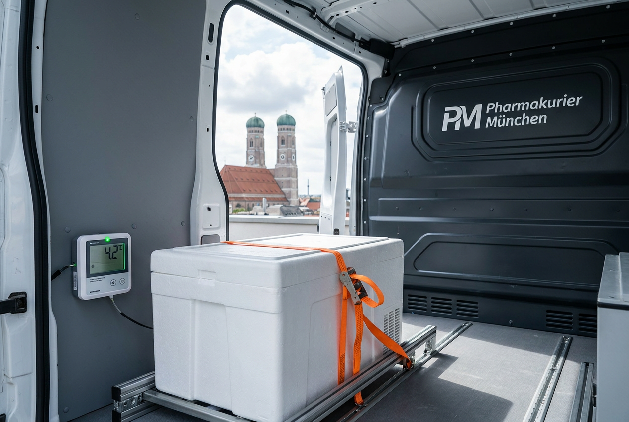 Laderaum eines Lieferwagens von Pharmakurier München mit Kühlbox, Datenlogger und Firmenlogo, Münchner Skyline im Hintergrund