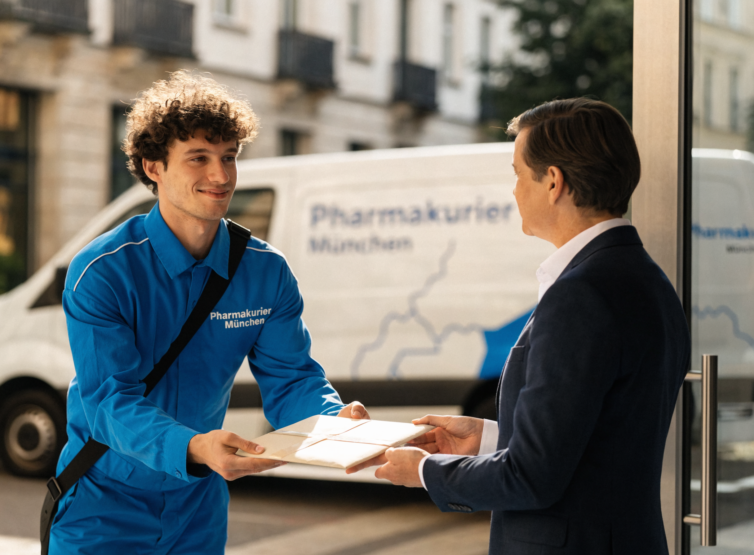 Kurier von Pharmakurier München übergibt eine Business-Sendung vor der Firmenzentrale, Lieferwagen mit Firmenlogo im Hintergrund